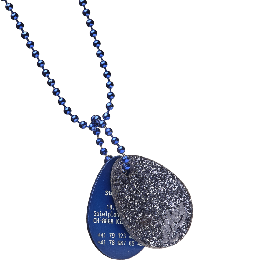 personalisierte Halskette für Kinder-Identifikation im Notfall-blau-glitter-schwarz