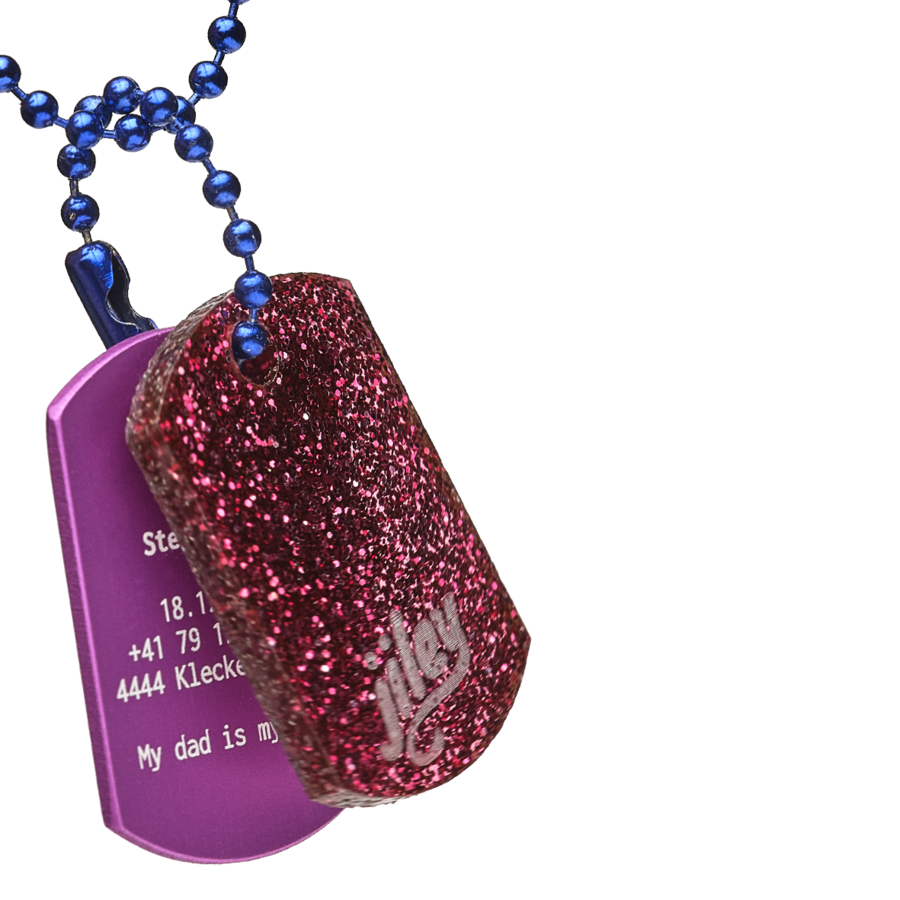 personalisierte Halskette für Kinder-Identifikation im Notfall-viollett-glitter-dunkelrot