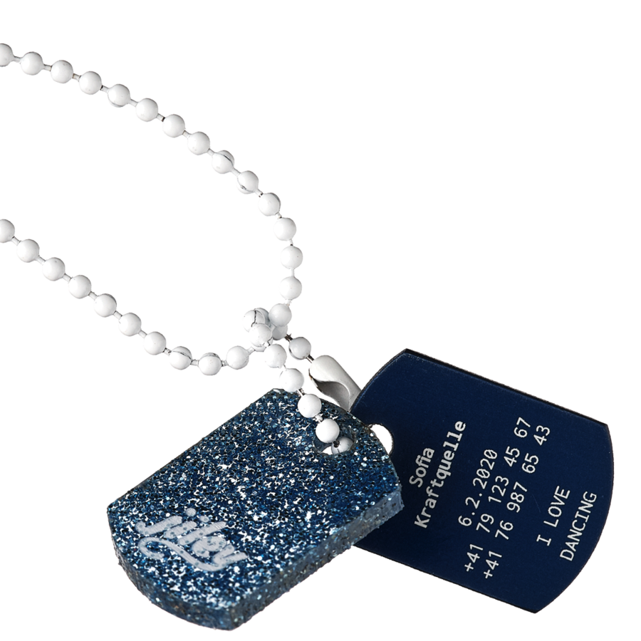 personalisierte Halskette für Kinder-Identifikation im Notfall-glitterblau-blau-weiss
