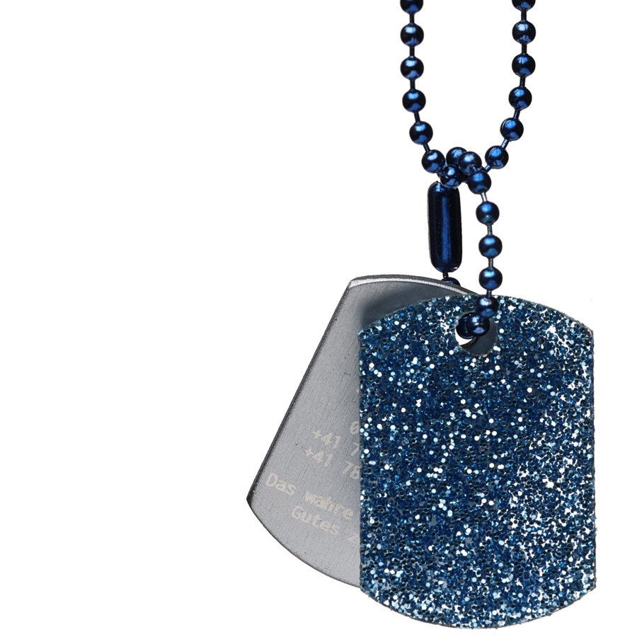 personalisierte Halskette für Kinder-Identifikation im Notfall-blau-glitter-grau
