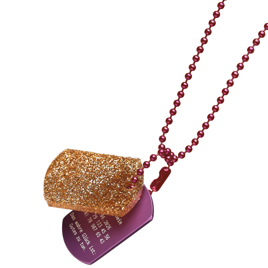 personalisierte Halskette für Kinder-Identifikation im Notfall-glittergold-violett-violett