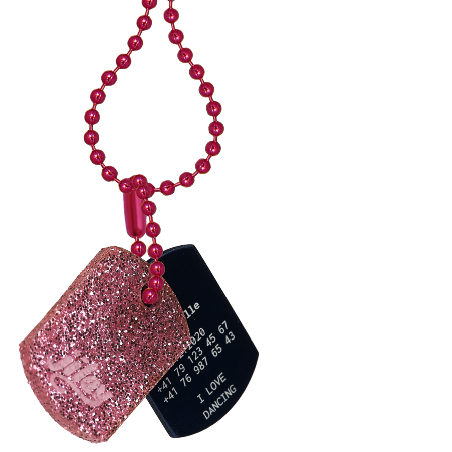 personalisierte Halskette für Kinder-Identifikation im Notfall-glitterpink-schwarz-pink