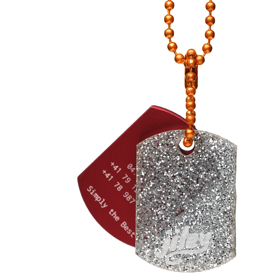 personalisierte Halskette für Kinder-Identifikation im Notfall-glittersilber-rot-kupfer